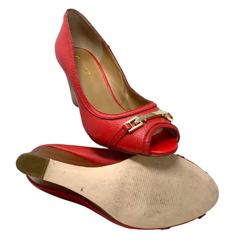 Saks Fifth Avenue‎ Coral Leather Horse Bit Peep Toe Wedge Pump